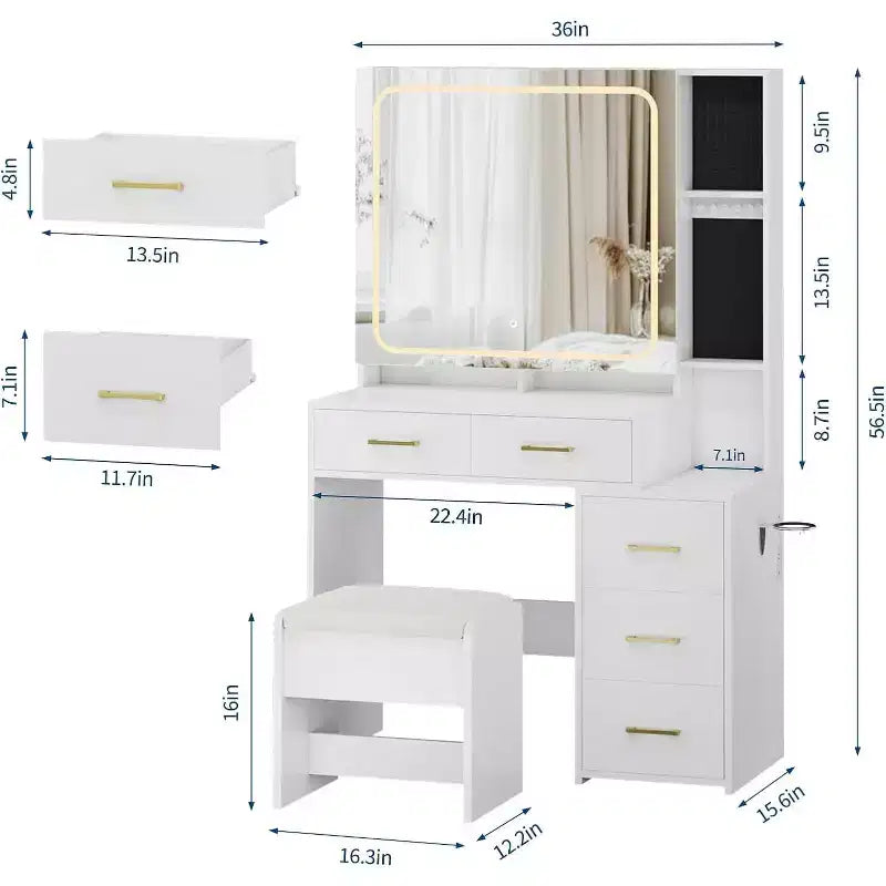 White Makeup Vanity Set with 5 Drawers, Stool and Jewelry Display, for Bedroom, Easy Assembly