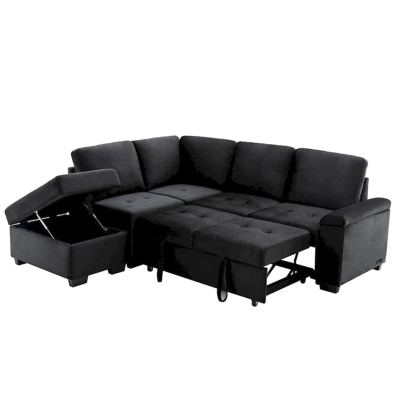 Velvet L-Shape Sleeper Sectional Sofa with Storage Ottoman, USB Charge