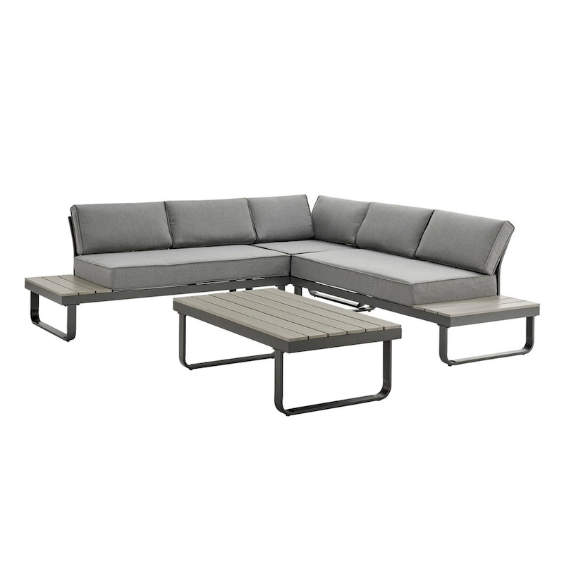 3-Pieces Metal Patio Conversation Set with Gray Cushions and Coffee Table 5-Person Outdoor Sectional Seating Furniture