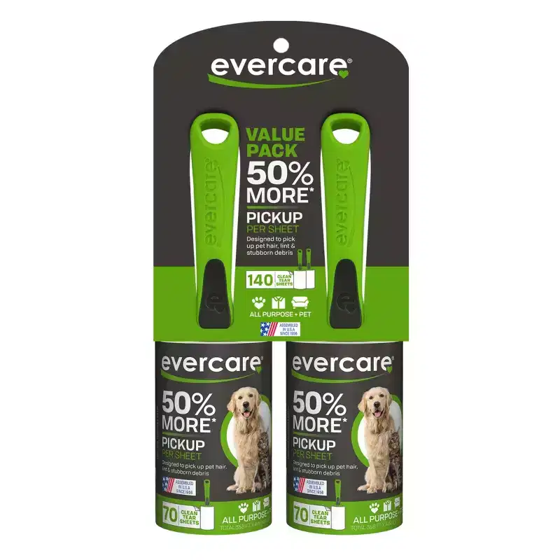 Evercare Pet Twin Pack Lint Roller - 70 Sheets/2pk: Reusable, Plastic Material