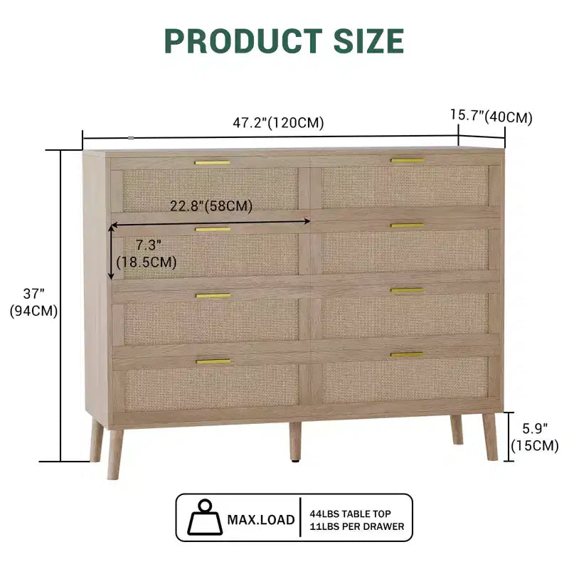 COZONY 8-Drawer Rattan Dresser w/ Gold Handles Farmhouse Wooden Chest of Drawers for Bedroom, Living Room, Entryway & Hallway