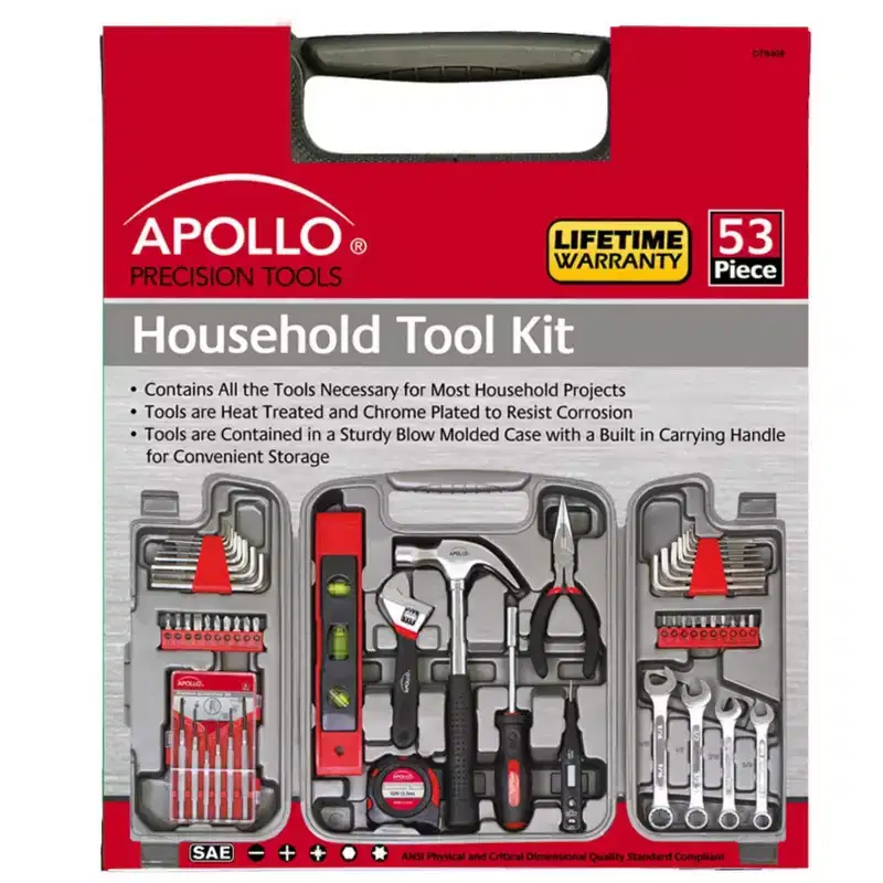 Apollo Tools 53pc DT9408 Household Tool Kit: Comfort-Grip, Interchangeable Bits, Steel & Rubber, Toolbox Kit
