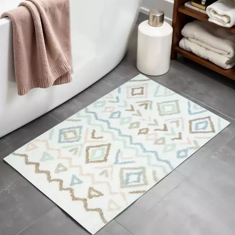 HomeRoots 32 Blue Brown And White Cotton Geometric Bath Rug