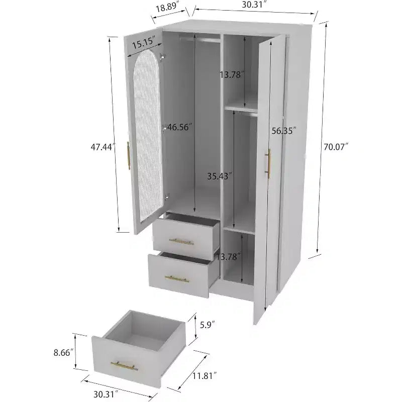 70 Tall Storage Cabinet with 2 Doors & 2 Drawers, Modern Floor Storage Cabinet with Fluted Glass Door, Hanging Rods & Adjustable Shelf, White