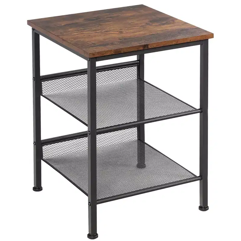 3-Tier Industrial End Side Table Nightstand W/2 Adjustable Shelves Rustic Brown