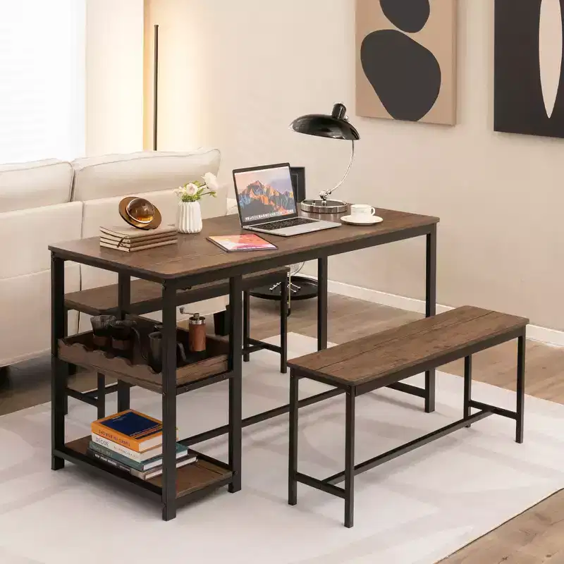 Costway 3 PCS Dining Table Set for 4 Kitchen Dining Room Table & 2 Benches W/ Rack