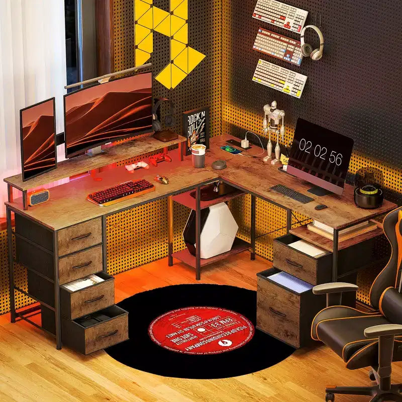 Reversible L Shaped Computer Desk 105.5 Inch Two Person Desk with Drawers RGB Lights and Power Outlets