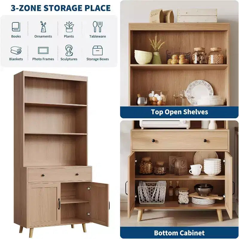 72.4 Freestanding Wooden Bookcase with Storage, Tall Bookshelf Featuring Doors & Drawers, Display Shelf for Living Room, Office, Bedroom, Kitchen