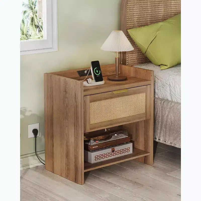 BALHAM TRADE-Set 2 Boho Night Stand Sets with Charging Station Rattan Bedside Tables Set with Storage