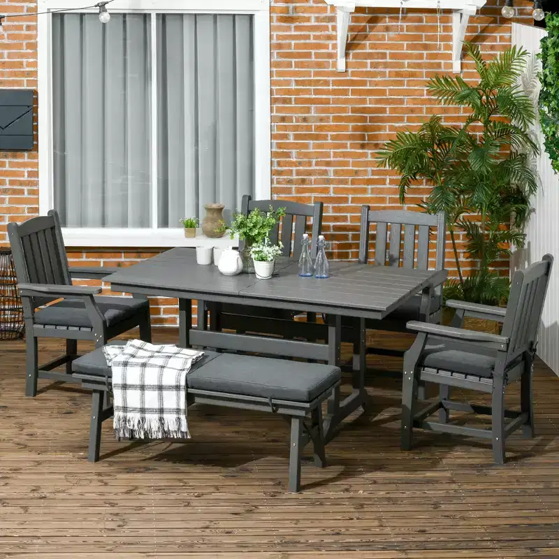 6 Pieces Patio Dining Set, 6 Seater Outdoor Table and Chairs, Conversation Furniture, Armrests, Loveseat Bench, Dinner Table with Umbrella Hole
