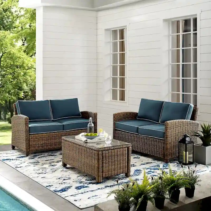 Crosley Bradenton 3-piece Outdoor Wicker Seating Set with Navy Cushions - 94.5 W x 94.5 D x 32.5 H
