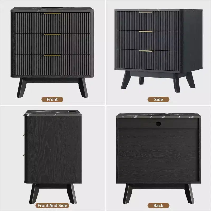 Set of 2 24 Fluted Nightstands, Wide Natural Bedside Table with Charging Station, 3 Large Storage Drawers & Metal Handle for Bedroom & Living Room