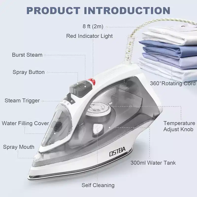 OSTBA 1600W Steam Iron, Nonstick Soleplate, Rapid Heating, Self-Clean, Anti-Limescale, Drip Stop, 300ml Tank for Home