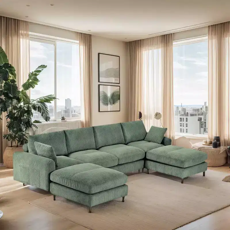 PexFix 6-Seat Modern Corduroy Modular Sectional Sofa U-Shaped Convertible L-Shaped Design with Ottoman and Pillows for Living Room Office Olive Green