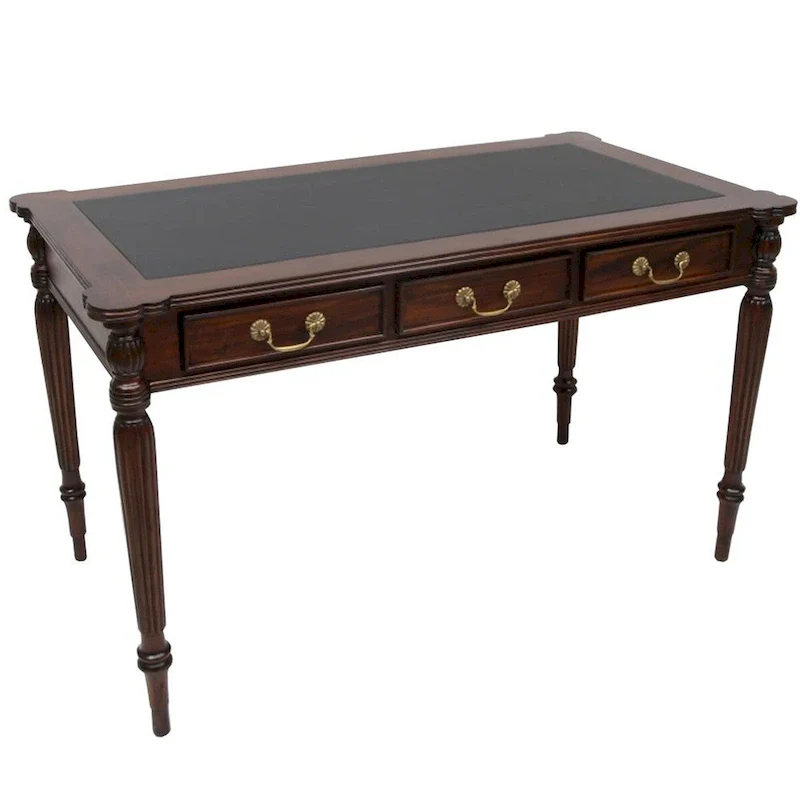 Dark Brown / Light Brown Victorian-Style Solid Mahogany Desk with Black Leather Top and 3 Drawers �C Single Unit