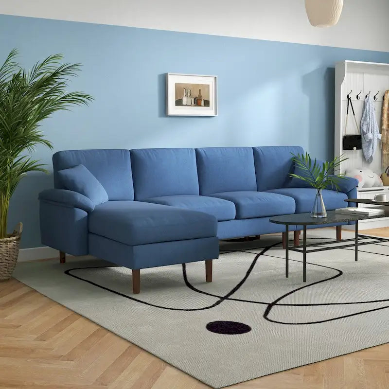 Fabric Sectional Couch with Reversible Sleeper Sofa, Modern L Shaped Sectional Sofa with Pillows, Wooden Legs