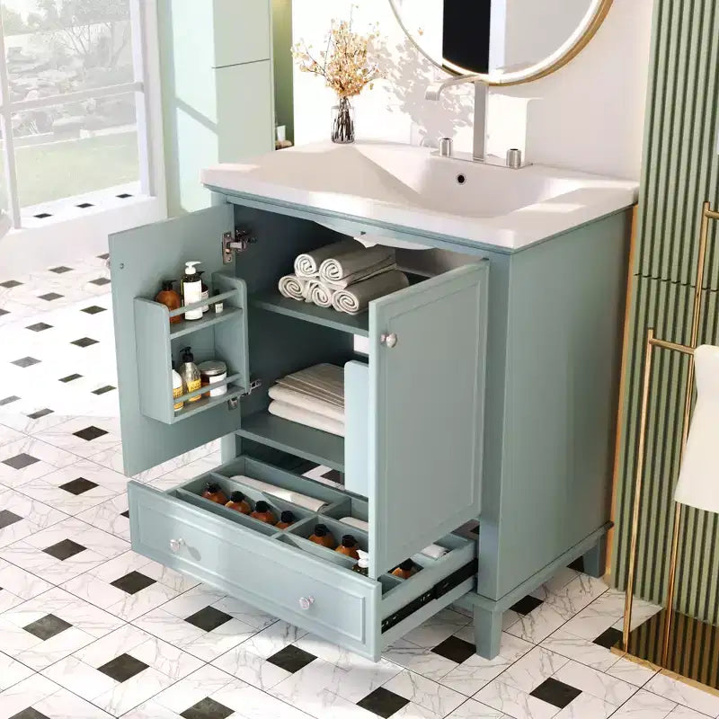 30 Single Sink Bathroom Vanity, Freestanding Bathroom Vanity with 1 Drawer & 2 Doors, Wood Bathroom Cabinet with Ceramic Basin Sink Top Green