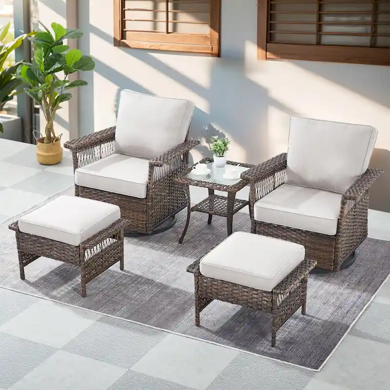 Gymojoy 5 Piece Outdoor Bistro Swivel Chairs Table Ottomans - Brown