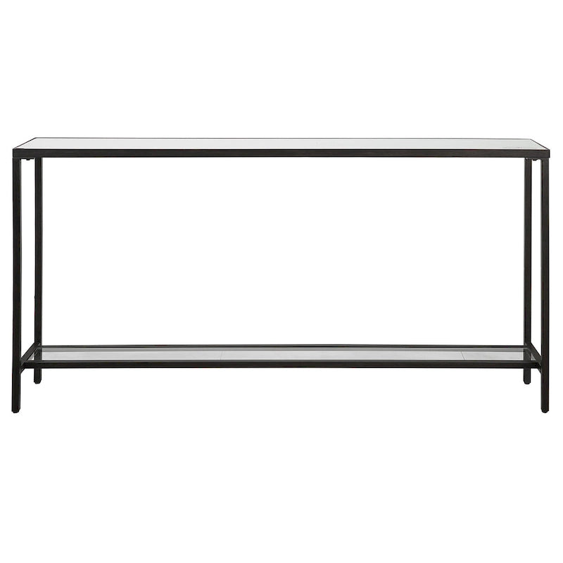 Narrow Black Console Table with Mirrored Top and Glass Shelf