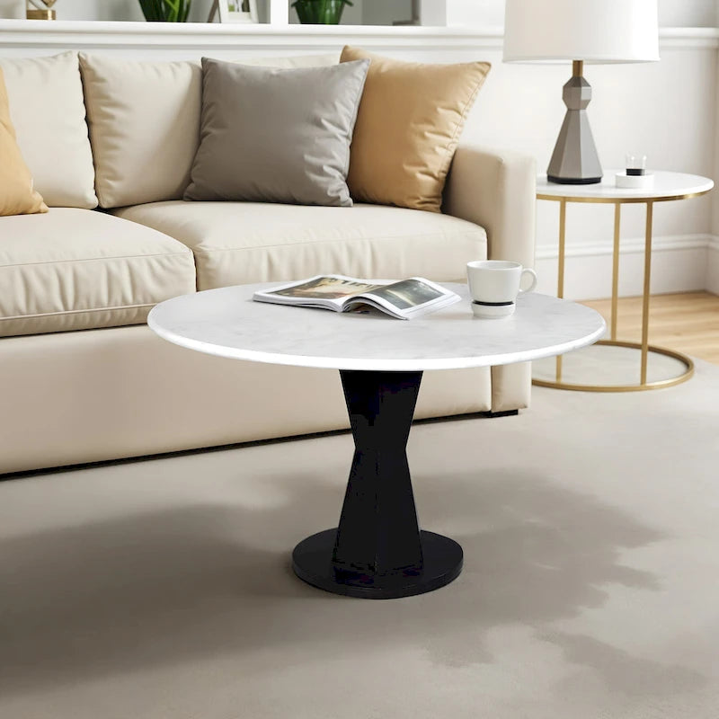 Round White Marble Top Coffee Table on Iron Stand, 27 Inch
