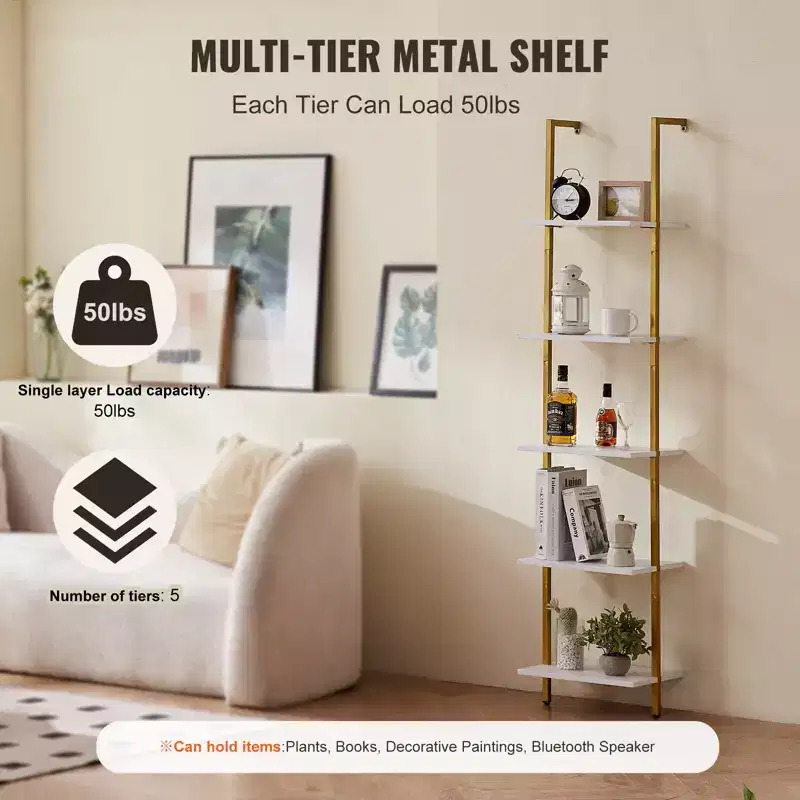 5-Tier Ladder Shelf, Open Wall-Mounted Bookshelf with Metal Frame, Storage Rack, Gold & White