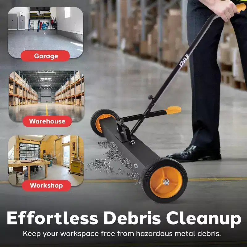 Pyle 36 Heavy-Duty Magnetic Sweeper with Wheels for Industrial and Commercial Use - Black and Orange