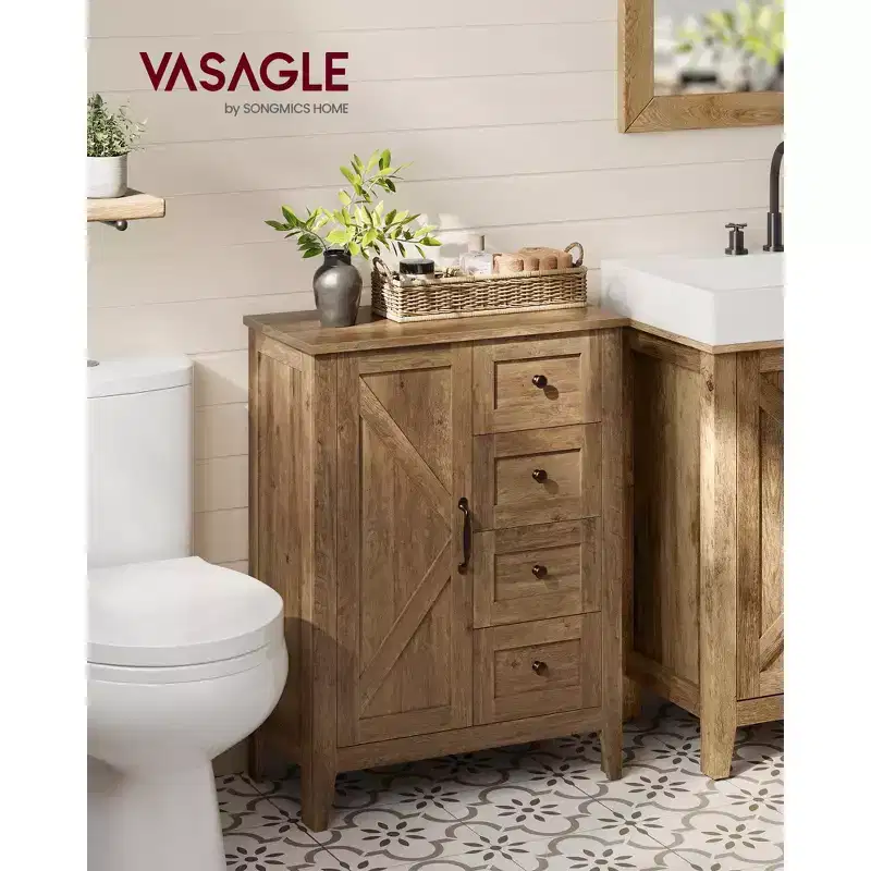 Storage Cabinet, Bathroom Floor Cabinet, 4 Drawers, Freestanding Storage Organizer, Barn Door, Adjustable Shelf