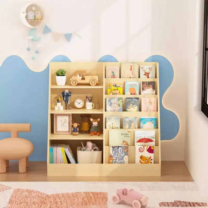 4-Tier Wooden Kids Bookshelf with Toy Storage, Front-Facing Book Display Organizer for Kids Room, Natural