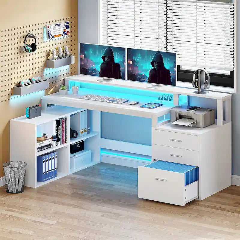 65 L-Shaped Corner Desk with RGB LED, Monitor Stand & Storage Cabinet – 1-Person | White / Oak / Charcoal Grey / Black