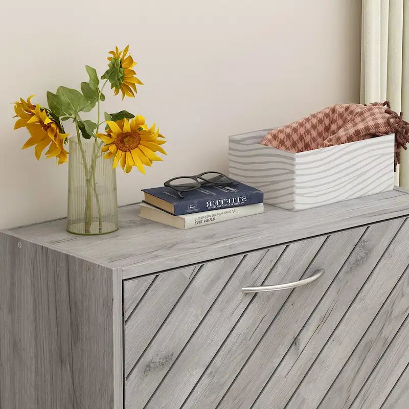 Freestanding 3-Flip-Drawer Shoe Cabinet, Grey/Oak, Holds 12�C15 Pairs