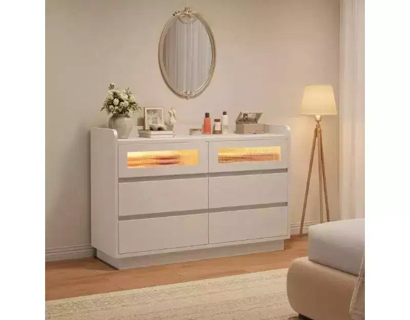 6-Drawer Dresser for Bedroom | 47.2 Wooden Closet Storage Chest with 2 Glass Drawers for Hallway, Entryway & Organization