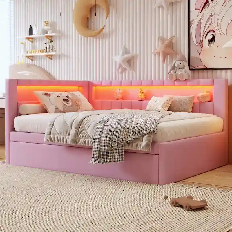 Lit plateforme rembourré avec ports USB et éclairage LED - Cadre de lit double/simple avec 2 tiroirs de rangement - Chambre moderne