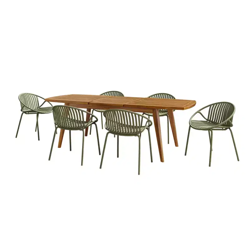 Ensemble de salle à manger d'extérieur extensible 7 pièces avec chaises empilables et table en bois d'acacia