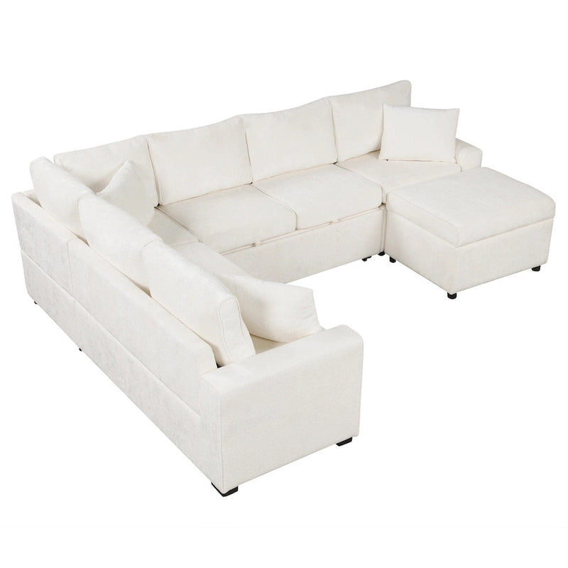 Chenille Sectional Sofa Pull-out Sofa Bed, L-Shape Sleeper Sofa with Storage Ottoman, 3 Pillows and Charging Devices