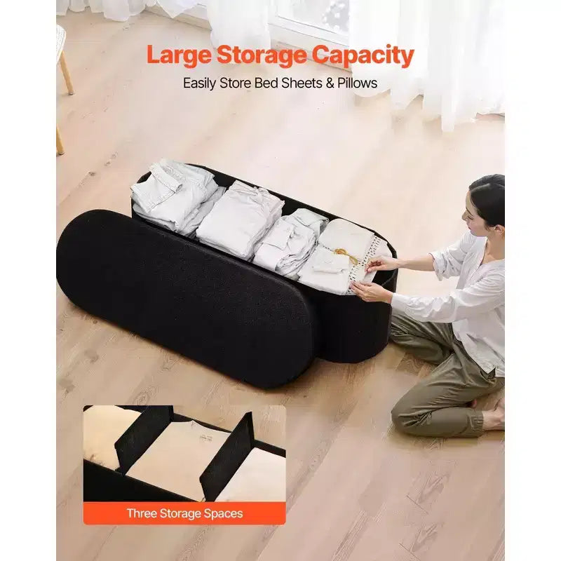 VIYET 45 Black Oval Foldable Teddy Fleece Storage Ottoman Bench, 660LBS for Bedroom/Entryway/Living Room