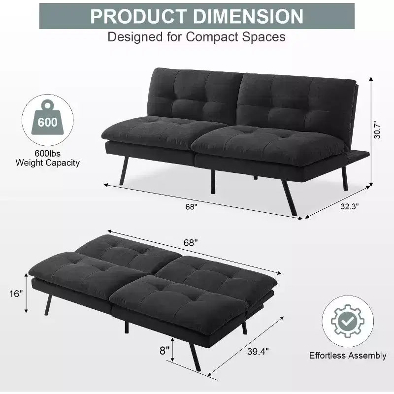 Dyonery 68 Convertible Futon Sofa Bed, Folding Sleeper Couch with Adjustable Backrest, Linen Recliner Loveseat Sofa for Small Spaces