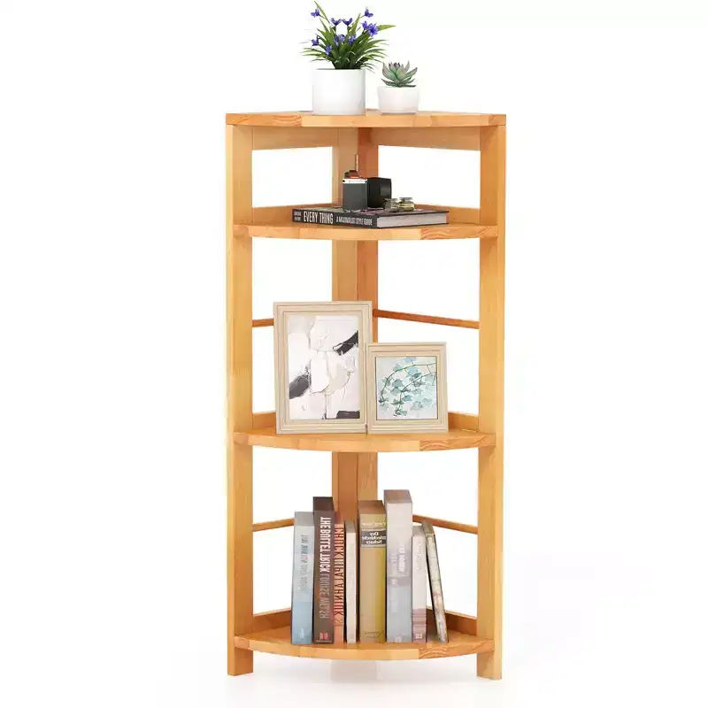 4-Tier Corner Shelf w/ Rubber Wood Frame Anti-Toppling Kit Home Office Natural