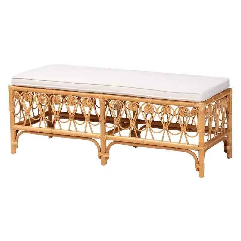 bali & pari Ibiza Rattan Bench White/Light Honey: Handcrafted, Plush Cushion, No Assembly Required