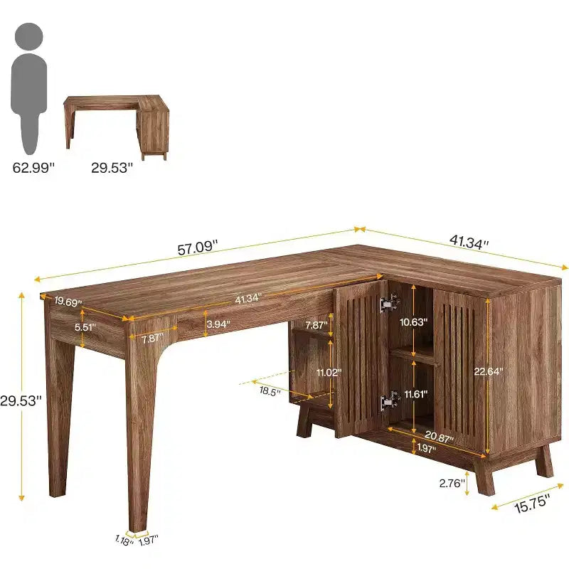 Lantine L-Shaped Desk with Storage Cabinet, 57-Inch Wood Corner Workstation, Home Office Computer Desk, Study Writing Table for Bedroom, Walnut