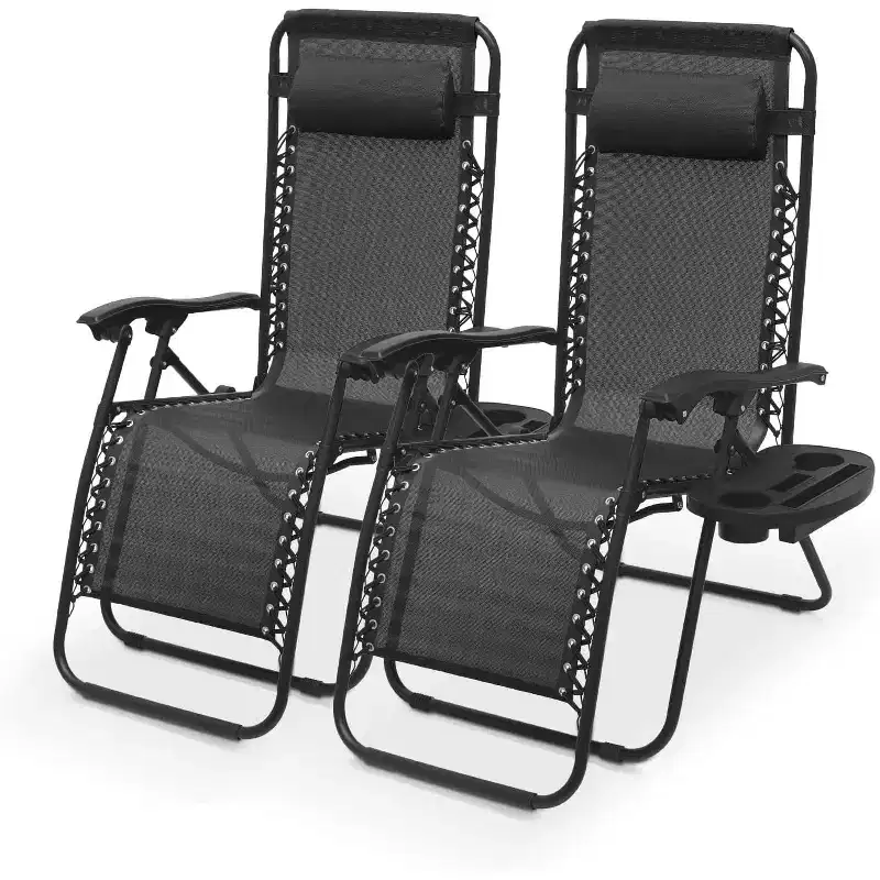 Summit Adventure Set of 2 Zero Gravity Lounge Chairs - 25 Wide Recliners with Cup Holders for Pool/Patio (Black)