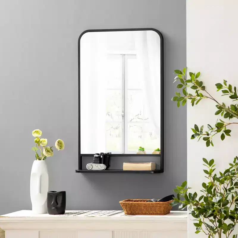 HOMCOM 34 x 21 Rectangle Modern Wall Mirror with Storage Shelf, Mirrors for Wall in Living Room, Bedroom, Black