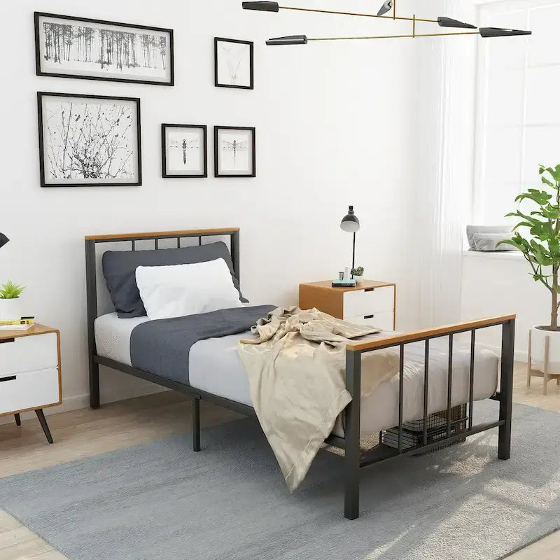 Industrial Metal Platform Bed Frame with Headboard & Footboard