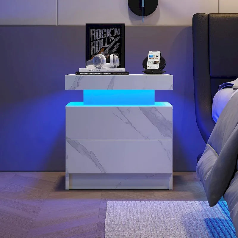 Modern Bedroom Wooden Nightstand/Bedside Table Cabinet with LED Lights and 2 Drawers