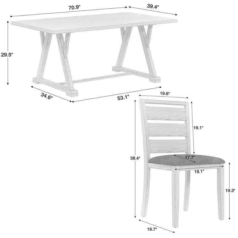 VECELO Farmhouse Style 7-Piece Dining Table Set for 6, Rubber Wood Table with 6 Upholstered Dining Chairs, Gray