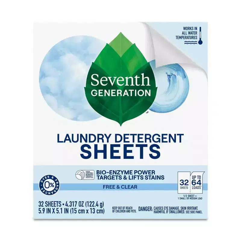 Seventh Generation Laundry Detergent Sheets - Free & Clear - 32ct: Dye-Free, Fragrance-Free, Naturally Derived, Unscented, Concentrated Formula