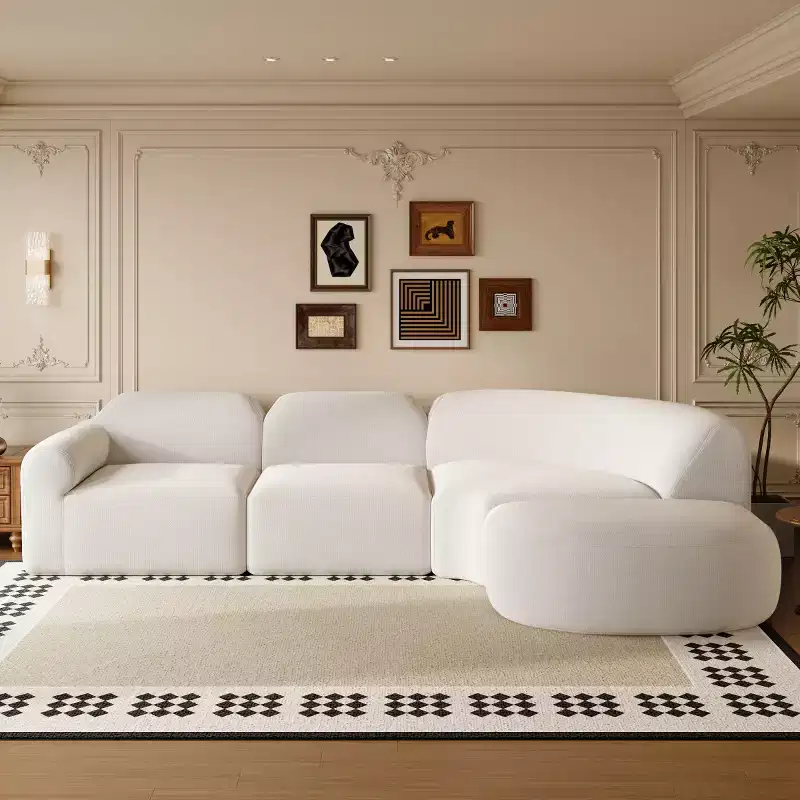 111 Modern L-Shaped Curved Sectional Sofa with Ottoman, Deep Seat Upholstered Couch, 3 Seat Sofa for Living Room & Lounge