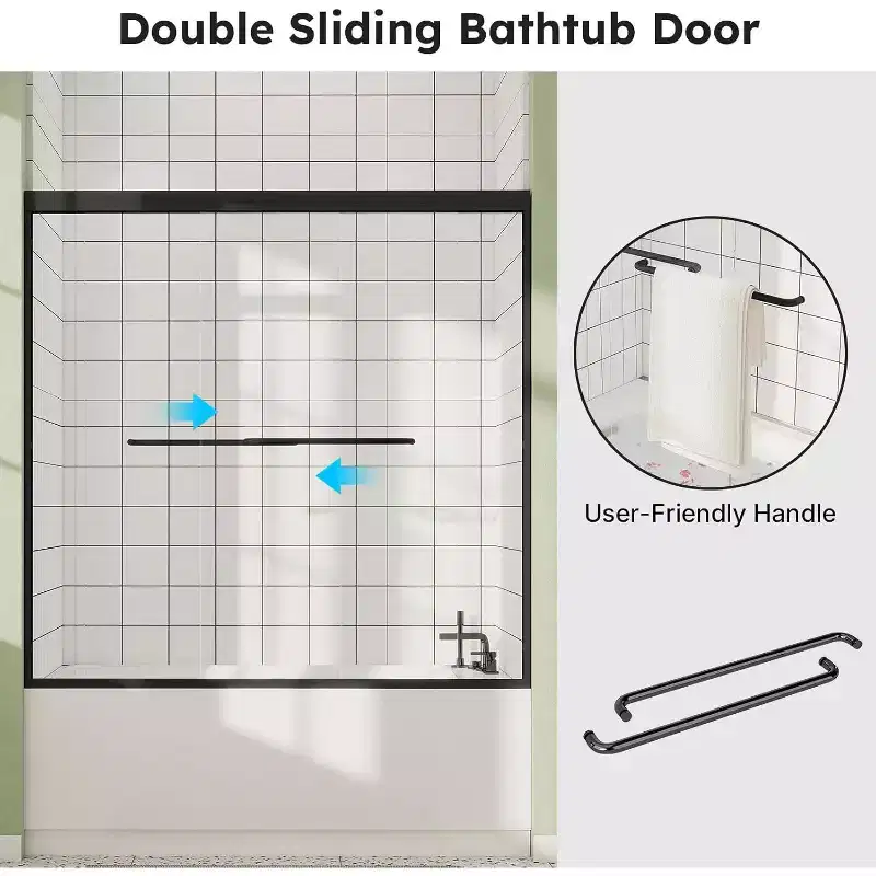 Zevemomo 56-60Wx58H Bathtub Shower Door, Double Sliding Tub with 1/4(6mm) Thick Clear Tempered Glass,Silent Soft-Close Shatterproof, Handle, Black
