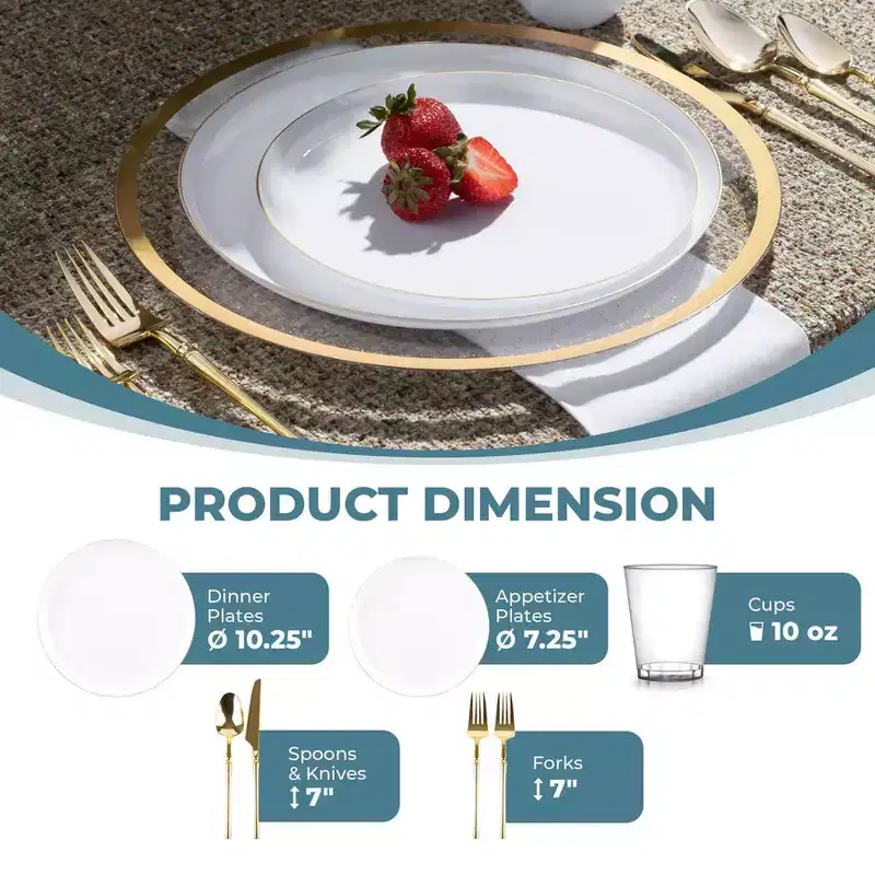 Posh Setting 280 Piece White And Gold High End Plastic Party Bundle - Edge (40 Settings)
