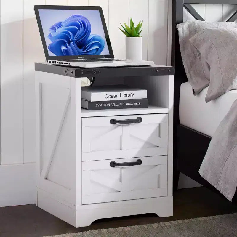 Farmhouse Nightstand with Built-in Charging Station, 2-Drawer End Table with USB Ports & Outlets for Bedroom or Living Room  White