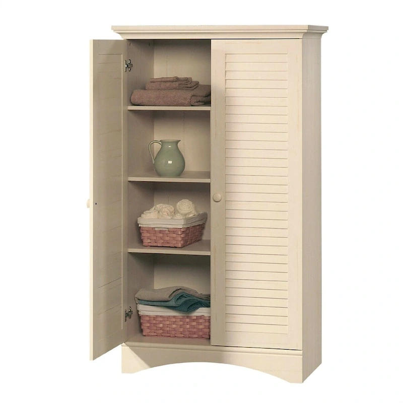 Vintage Antique White Wood Finish Wardrobe Armoire Storage Cabinet with Louver Doors - 35.4W x 16.8D x 61H